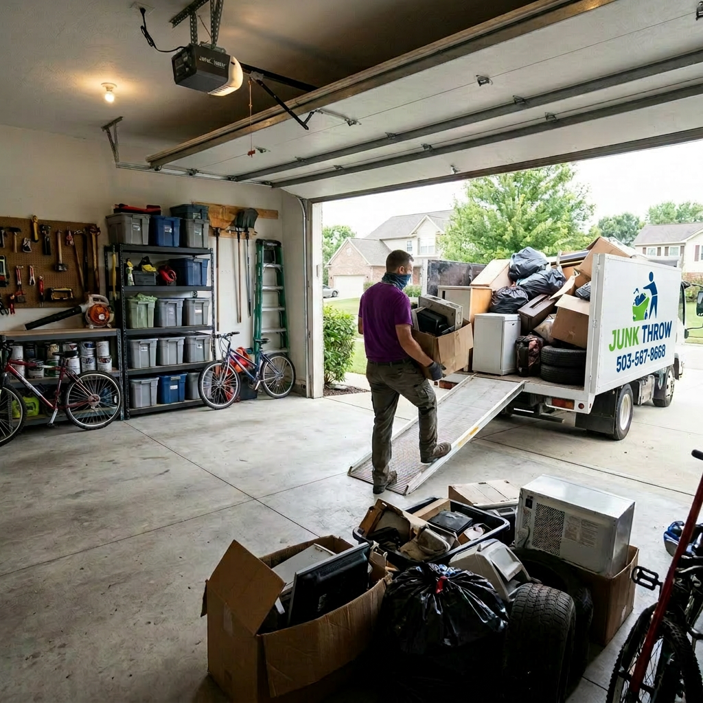 Worker carrying box with household items from garage to junk removal truck