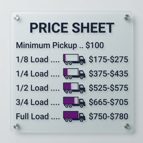 Junk Throw junk removal price sheet showing standard load rates from $100 minimum pickup to $780 full load in Portland OR